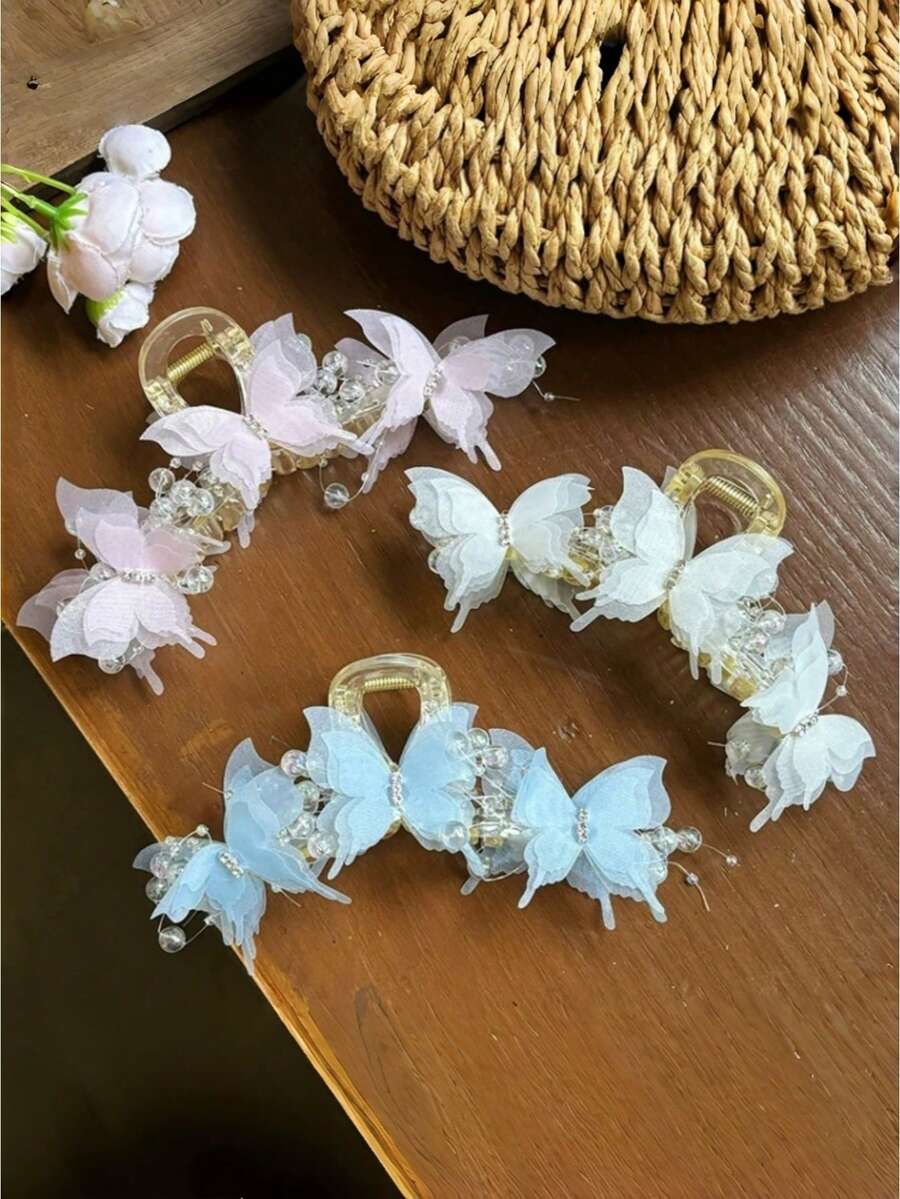 1/2个少女仙女薄纱蝴蝶发爪夹，奢华水钻流苏发爪，温柔美观的半扎发和盘发发饰 - 彩色 - 查看 1