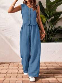 Frenchy Set de 2 piezas para mujer de top sin mangas y pantalones de estilo casual con un solo botón, para verano - Agua verde azul - Ver 7
