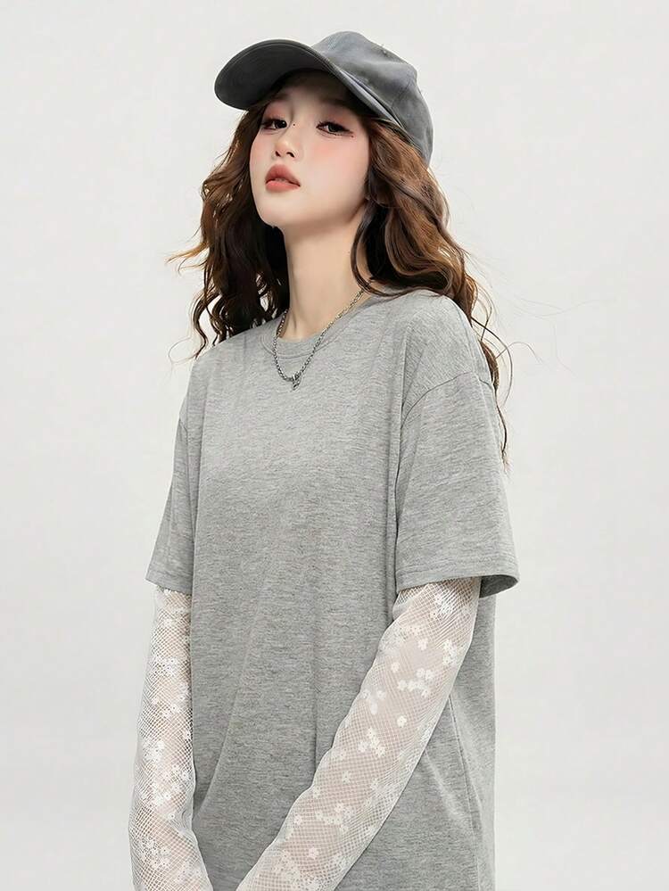 JUTU 春/秋 花卉灰色美式時尚寬鬆圓領蕾絲拼接袖 2合1 素色聚酯纖維面料浪漫性感女士夏季 - 3A12中花灰 - 查看 4