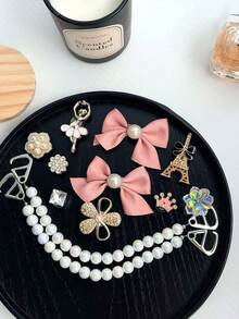 Fashionable Girl Style Clogs Shoes Charms Set - Bow, Dollar Sign, Star & Flower Decor, Shiny Clogs Shoes Accessories - Golden Eiffel Tower Ballet Chain Set - View 4