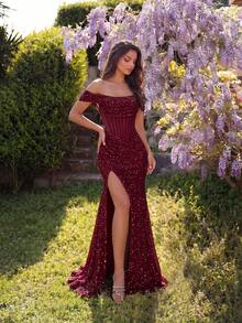 Đầm dạ hội/cocktail một vai xuyên thấu đính sequin, kiểu đuôi cá, cạp cao, xẻ tà, lưng hở, thiết kế buộc dây, thích hợp cho các buổi tiệc tối trang trọng. - Màu Đỏ Sâu - Xem 3