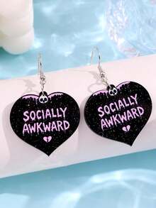 1 Pair Elegant Fashionable Unique Shiny Pink Skull & Heart Acrylic Dangle Earrings, Suitable For Daily Wear, Party, Commute, Holiday - Multicolor - View 2