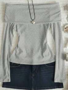 Top de manga larga con hombros descubiertos de unicolor negro, informal de primavera - Gris Claro - Ver 1