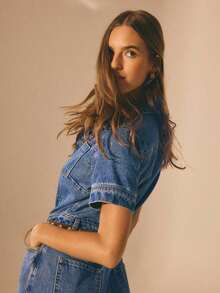 -F Mono de mezclilla casual de manga corta y pierna larga para mujer, estilo de ropa de calle Y2K de Estocolmo, para verano/invierno - Azul lavado medio - Ver 5