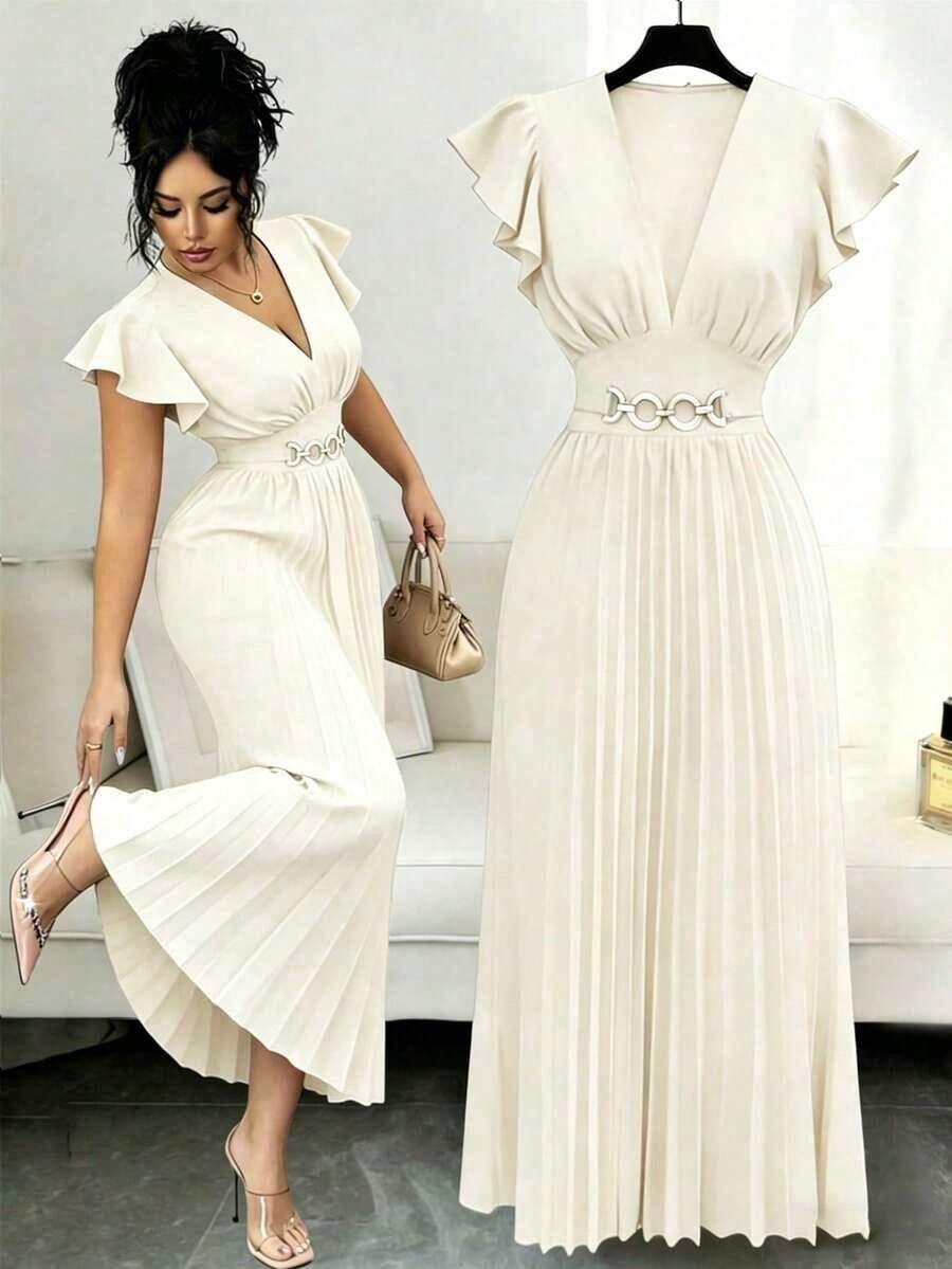 Nuevo vestido maxi elegante de ajuste ceñido para mujeres con cuello en V, mangas con volantes, tejido de unicolor, decoración de metal, diseño plisado, para fiesta de San Valentín, resort, cóctel - Albaricoque - Ver 1