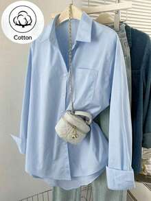 Blusa informal de unicolor de manga larga para mujer - Azul 2 - Ver 6