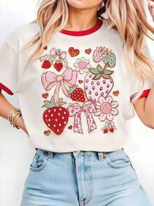 Envío gratis, entrega local enéxico, entrega en 4 días. Camiseta básica de manga corta con estampado gráfico de lazo, flor de fresa y lámina dorada sintética, estilo casual. - Multicolor - Ver 1