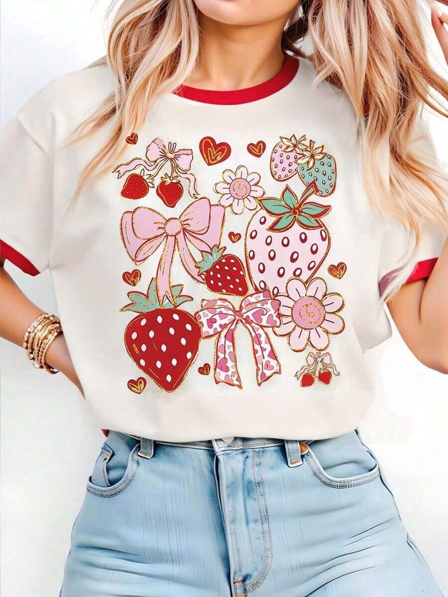 Envío gratis, entrega local enéxico, entrega en 4 días. Camiseta básica de manga corta con estampado gráfico de lazo, flor de fresa y lámina dorada sintética, estilo casual. - Multicolor - Ver 1
