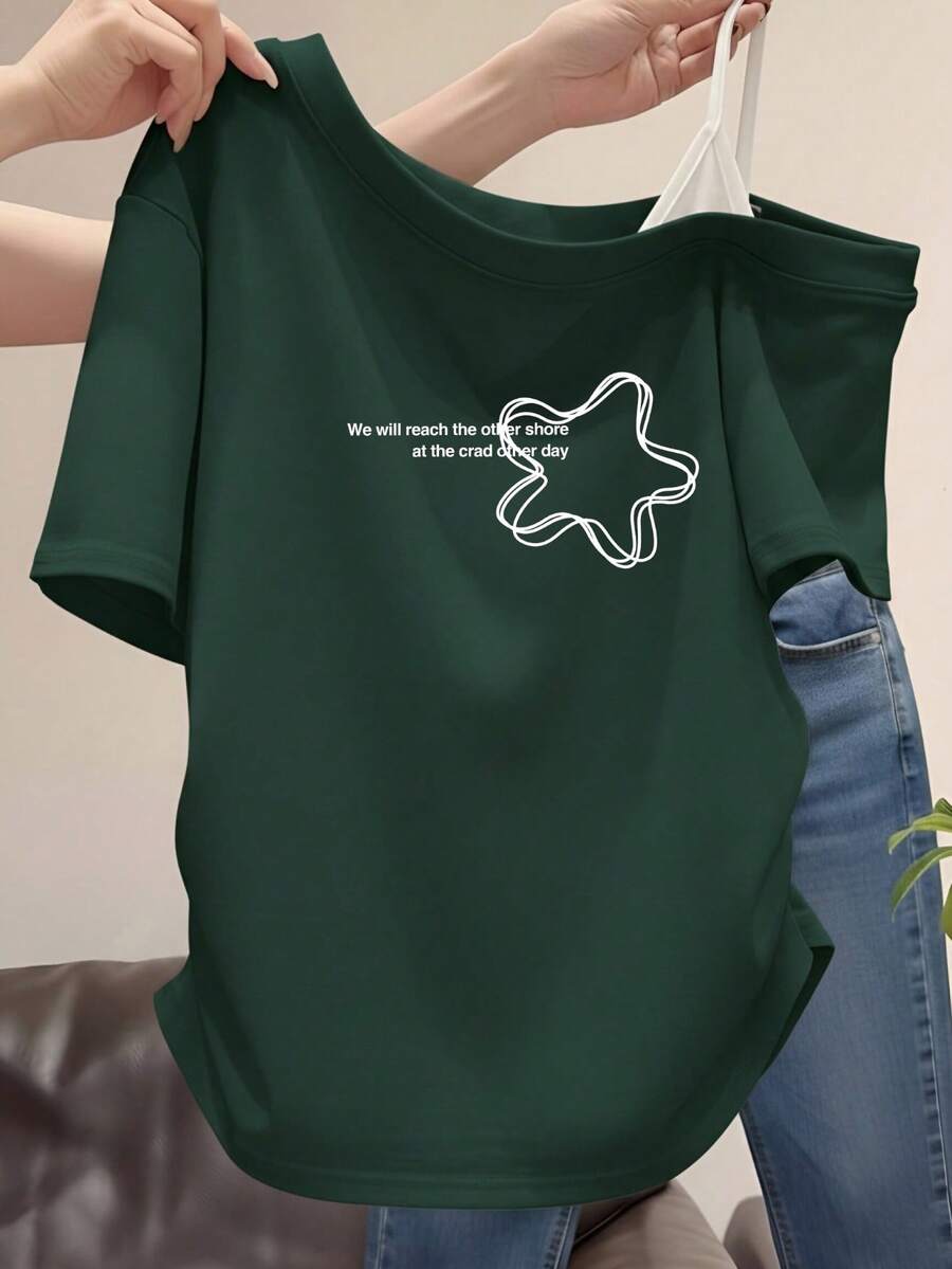 Japanese Style White Asymmetrical Shoulder Star & Letter Print Short Sleeve T-Shirt, Niche Artistic Style Summer Casual - Dark Green - View 1