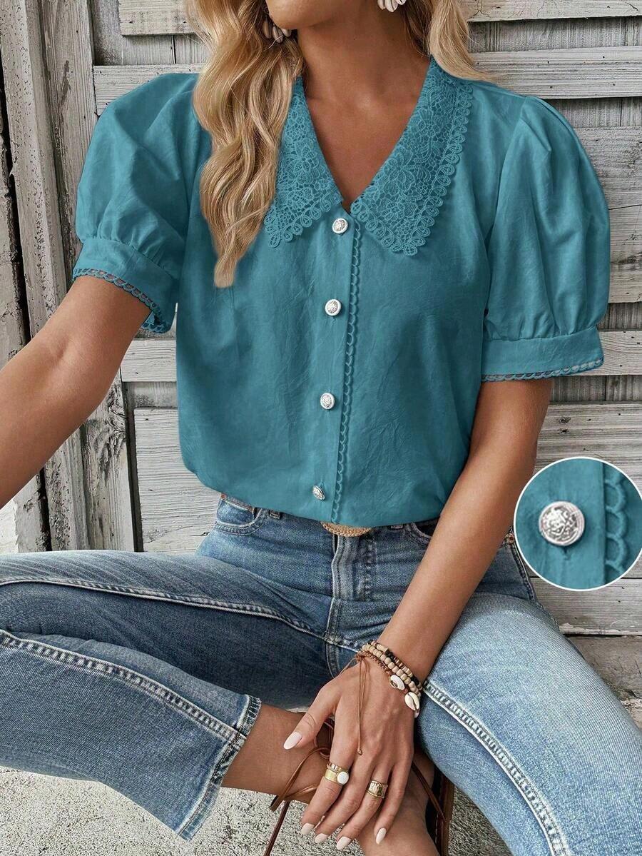 Camisa casual de mujer de manga corta con encaje de contraste - Azul - Ver 1