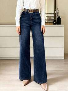 Jeans rectos y holgados para mujer con bolsillos.Sencillos, casuales, elegantes y versátiles, adecuados para todas las estaciones.Perfectos para viajar, la playa y las vacaciones de primavera - azul oscuro - Ver 5