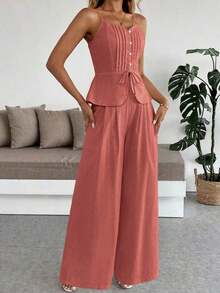 Set de 2 piezas: Top de tirantes ajustado informal con nudo delantero y pantalón de pierna ancha - Rosa coral - Ver 5
