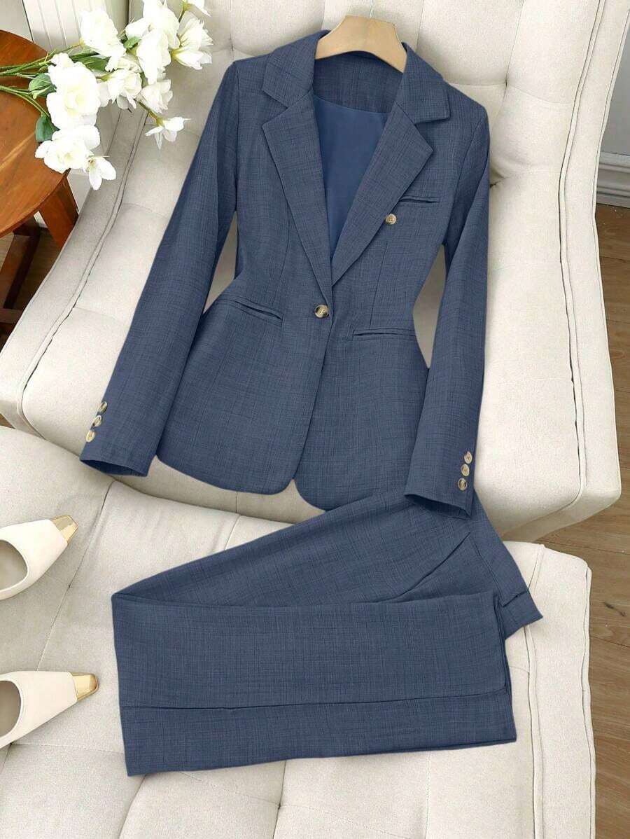 Conjunto de 2 piezas de chaqueta de traje y pantalones de cuello alto de un solo botón, estilo casual de negocios, apto para todas las estaciones - Azul - Ver 1
