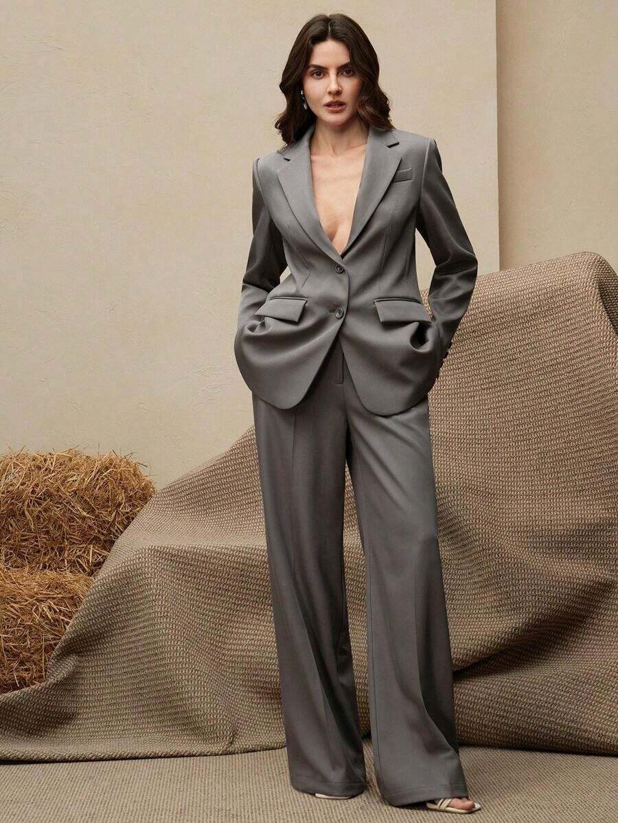 Set de traje de 2 piezas para mujer, Blazer multicolor + Pantalón de pierna recta - Gris Claro - Ver 1