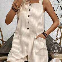 Women's Solid Color Casual Vacation Style Jumpsuit With Single Button Closure, Summer For New Year Clothes - Caqui - Ver 1