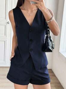 Conjunto de chaqueta sin mangas minimalista casual con botones delanteros y bajo con abertura, combinado con pantalones cortos con dobladillo plegado - Azul marino - Ver 6