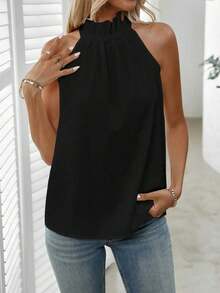 Blusa plisada de unicolor, versátil y casual para uso diario - Negro - Ver 6
