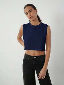 Top corto sin mangas casual para mujer, unicolor simple, adecuado para el uso diario en verano - azul real - Ver 4