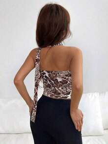 Top de bandeau fruncida con estampado de leopardo y bufanda - Marrón - Ver 2