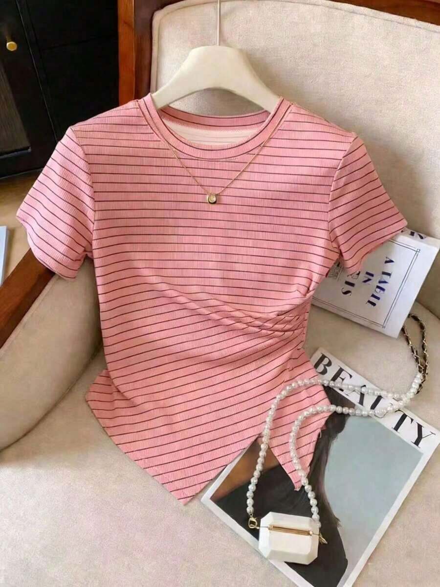 Camiseta casual de mujer de unicolor, cuello redondo, manga corta con bajo asimétrico - Multicolor - Ver 1