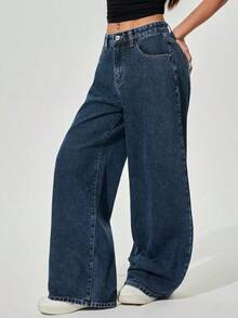 Jeans rectos y sueltos de color liso clásico informal - Azul 2 - Ver 5