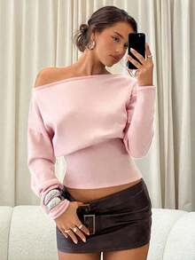 Jersey marrón de manga larga, cuello ajustado y hombros asimétricos descubiertos para mujer, para otoño/invierno - Rosa Pálido - Ver 1