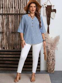Camisa de mujer de estilo minimalista casual con microrayas azules, adecuada para primavera/verano, con vibra de resort - Multicolor 7 - Ver 4