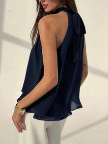 Camiseta sin mangas de gasa con cuello halter, fruncida y con línea A, de estilo bohemio minimalista y sexy, color morado berenjena, para primavera/verano - Azul marino - Ver 2