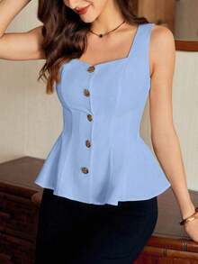 Blusa de mujer vintage, elegante y clásica, con cierre de botones metálicos con forma de flor, blusa sin mangas blanca, para primavera/verano - Azul - Ver 8