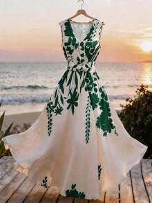 Vestido casual de mujer sin mangas con estampado de posicionamiento simple, vestido acampanado con cintura ceñida, adecuado para verano casual, vacaciones, primavera/verano, oficina, diario, fiesta, playa, graduación, uso versátil de oficina, ves - Multicolor 8 - Ver 5