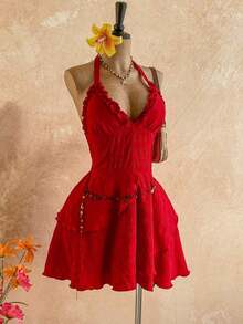 Nuevo vestido mini elegante bohemio tropical con textura, volantes y lazo en la espalda, apropiado para vacaciones, boda, graduación, San Patricio, Semana Santa, festivales de música, Día de San Valentín, Halloween, Navidad - Rojo - Ver 4