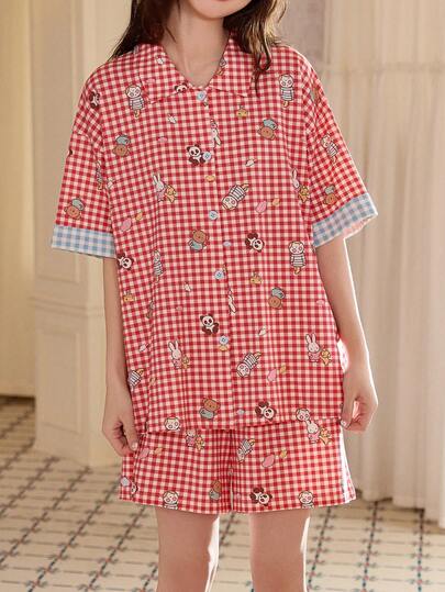 Gongdie Conjunto de 2 piezas de pijama de verano para mujer Miffy, conjunto de pantalón corto y manga corta, estampado a cuadros rojos de dibujos animados, suave y transpirable