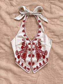 Top corto para mujer estilo bohemio sin mangas con diseño de espalda de tirantes, cuello halter con diseño anudado y bordados florales, adecuado para festivales de música - Albaricoque - Ver 2