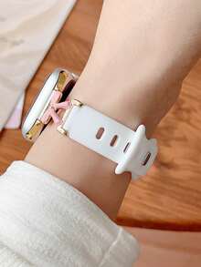 1件女款粉色蝴蝶結金屬拼接白色矽膠錶帶，適用於Apple Watch 38/40/41/42/44/45/46/49mm，相容 S10/11/9/8/7/6/5/4/3/2/1/SE系列，適合休閒風格、日常裝飾、禮物 - 彩色 - 查看 4