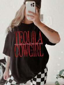 1 Piece Plus Size Tequila Cowgirl T-Shirt, Retro Western Graphic Tee, Country Concert T-Shirt, Cute Western Tees, Aesthetic Country T-Shirt, Country Girl Style, 180g, 100% Soft Cotton - 黑色 - 查看 6
