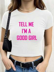 Mother's Day Set - Sexy Women's Crop Top Y2K Style - Fitted Short Sleeve T-Shirt With "Tell Me I'm Fine" Print In Pink Letters, Black And Pink Pattern, Machine Washable, Casual Urban Style, Sizes S-XL, Fitted Waist Design, Modern And Simple Set - 100% Cotton, Soft, Breathable, Women's Crop Top / Short T-Shirts - 白色 - 查看 7
