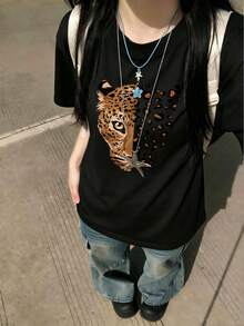 Women's Round Neck Short Sleeve T-Shirt, Summer New Leopard Print Pattern, Fashion Casual Versatile Loose Top Black - Black - View 9