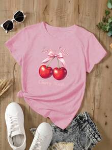 White T-Shirt With Cherries "Love You Cherry Much" Casual Short-Sleeved T-Shirt Cherry Print T-Shirt Cherry Graphic Design With Romantic Phrase Youthful / Sweet / Feminine Style - YH303-粉紅色 - 查看 2