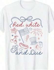 1 pieza de camiseta para revelar el embarazo con lazo estilo coqueta, rojo, blanco y azul, para el 4 de julio, de algodón suave, recomendación popular. 180g 100% algodón. - Blanco 5 - Ver 7