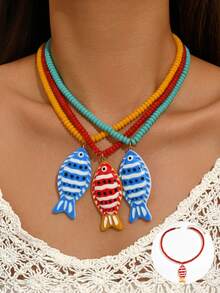 1pc Bohemian Style Handmade Beaded Red Necklace With Handpainted Fish Pendant, Exaggerated Personalized Creative Handmade Colorful Beaded Fish Necklace, Suitable For Women's Daily, Vacation, Party Wear - Red - View 2