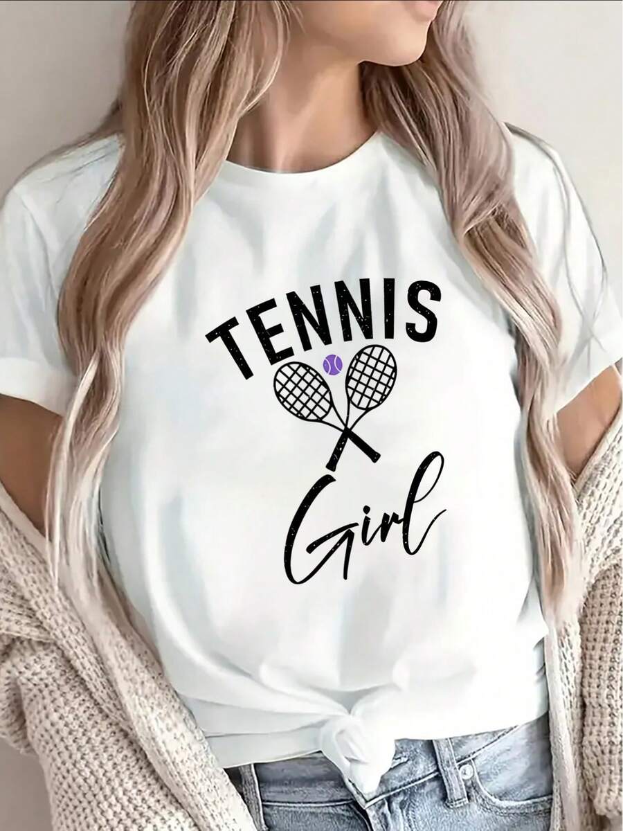 Camiseta de Tenis para Mujer, Diseño Deportivo Casual con Raquetas Cruzadas y Gráfico de Pelota, Ligera y Transpirable, Perfecta para el Gimnasio, la Práctica o el Uso Diario, Estampado en Tela, Top de Manga Corta - Blanco - Ver 1