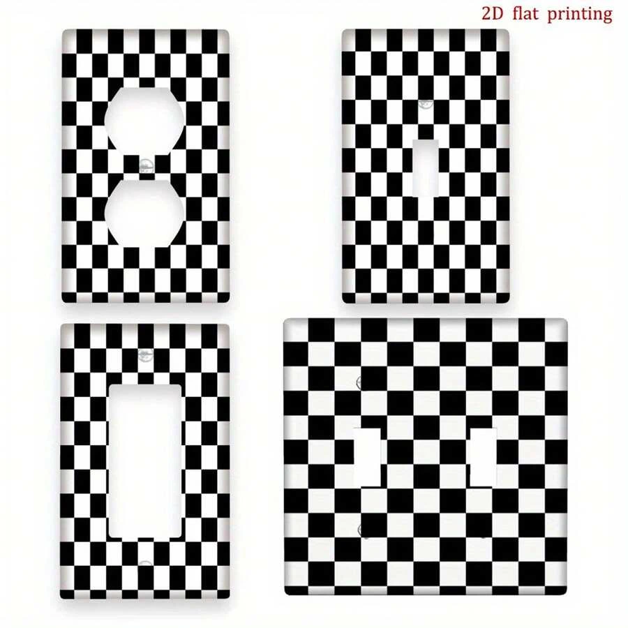 1 Stück 2D flach bedrucktes Schachbrett Schwarz-Weiß Design Wanddekor Panel mit Schalterabdeckung, Raumdekoration Akzent, einfache Installation, langanhaltend, perfekt für DIY Heimdekoration, 2D flacher Stil - Mehrfarbig - Übersicht 1