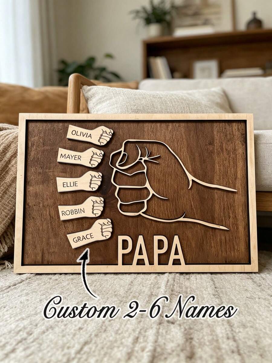 1pc Creative Father's Day Wooden Decorative Hanging Ornament, Fist Design Wall Art, Personalized Wooden Home Decor, "Dad" Birthday Gift, Father's Day Gift, New Dad Gift, Father-Daughter Gift - Multicolor - View 1
