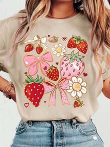 Playera Femenina Estilo Cute con Estampado de Fresas, Moños y Flores – Juvenil, Cómoda y a la Moda - Beis - Ver 8