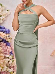Belle Elegante vestido de dama de honor de novia ajustado con escote corazón y volantes, color verde romántico trenzado mate - Verde Oliva - Ver 2