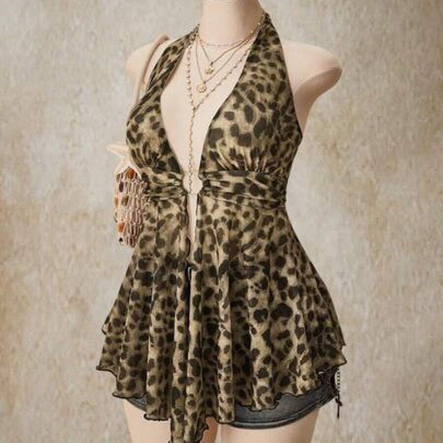 ICON Plus Size Y2K Style Hollow Out Asymmetrical Hem Babydoll Halter Neck Knit Camisole, Summer Tops - Multicolor - Ver 1