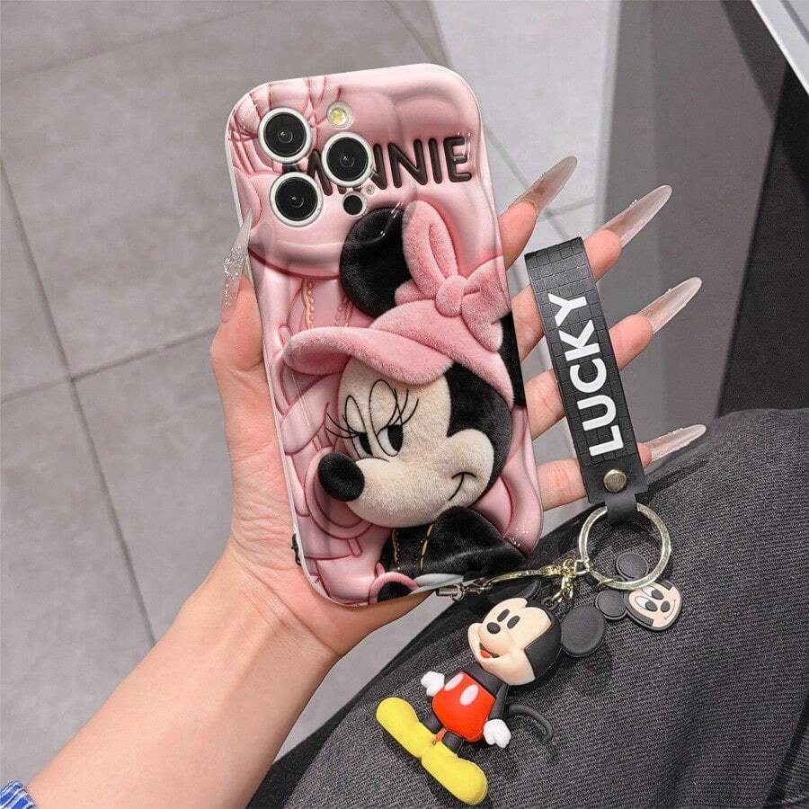 Disney Mickey Mouse Clubhouse Phone Case : 3D Fluffy Pattern Border Protector Phone Soft Phone Case With A Free Cute Mickey Bracelet Chain Lanyard, Mickey, Minnie, Goofy, Donald Duck, Daisy Duck, Pluto, For Apple 17 Promax 17 Pro 16 15 14 13 12 11 Pro Max XS Max X XR Soft Cover Summer Phone Case - 白色 - 查看 1