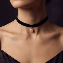 1 pieza Collar gargantilla de terciopelo negro sexy y de moda con colgante de perlas falsas, adecuado para uso casual y diario - Negro - Ver 4