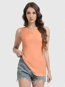 Speed mate Women's Long Casual Round Neck T-Shirt, Loose Side Basic Top, Spring/Summer Sports - Orange - View 6