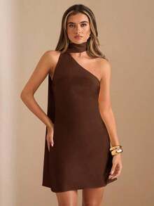 Vestido mini de satén elegante con hombros asimétricos y espalda descubierta en unicolor amarillo crema, vestido mini elegante con estampado, vestido mini sexy con espalda descubierta, vestido mini de satén amarillo con espalda descubierta, vest - Café integral - Ver 4